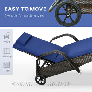 Wicker chaise longue with wheels and table with tempered glass top, dark blue