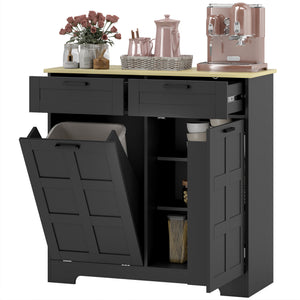 13 Gallon Tilt-Out Trash Can Cabinet with 2 Drawers, Door Shelves and Adjustable Shelves, Black