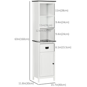 Tall freestanding storage cabinet with drawer and adjustable shelf for living room, white