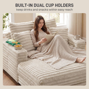 Large corduroy reading sofa with cup holders and cushions, sofa bed for living room, beige 