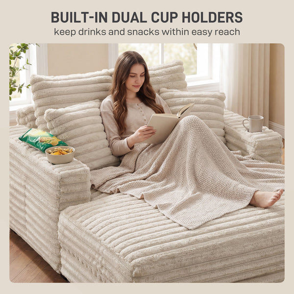 Large corduroy reading sofa with cup holders and cushions, sofa bed for living room, beige 