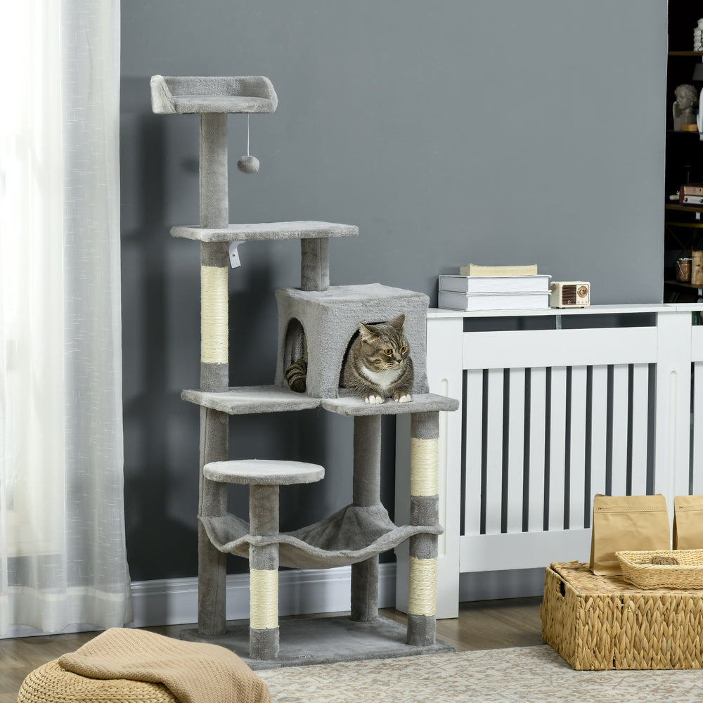 Large 142cm Multi-Level Cat Tree with Hammock, Basket &amp; Sisal Scratching Posts, Grey