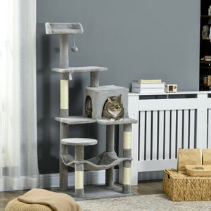 Large 142cm Multi-Level Cat Tree with Hammock, Basket &amp; Sisal Scratching Posts, Grey