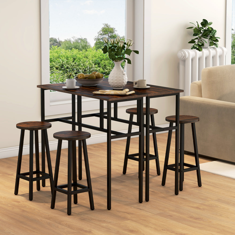 Bar set for 4 people, 2 breakfast tables and 4 stools, rustic brown.