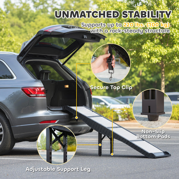 Foldable Dog Car Ramp with Support Leg, Non-Slip TPR Surface, 69" x 15.7", for Small to Large Dogs Up to 220LBS