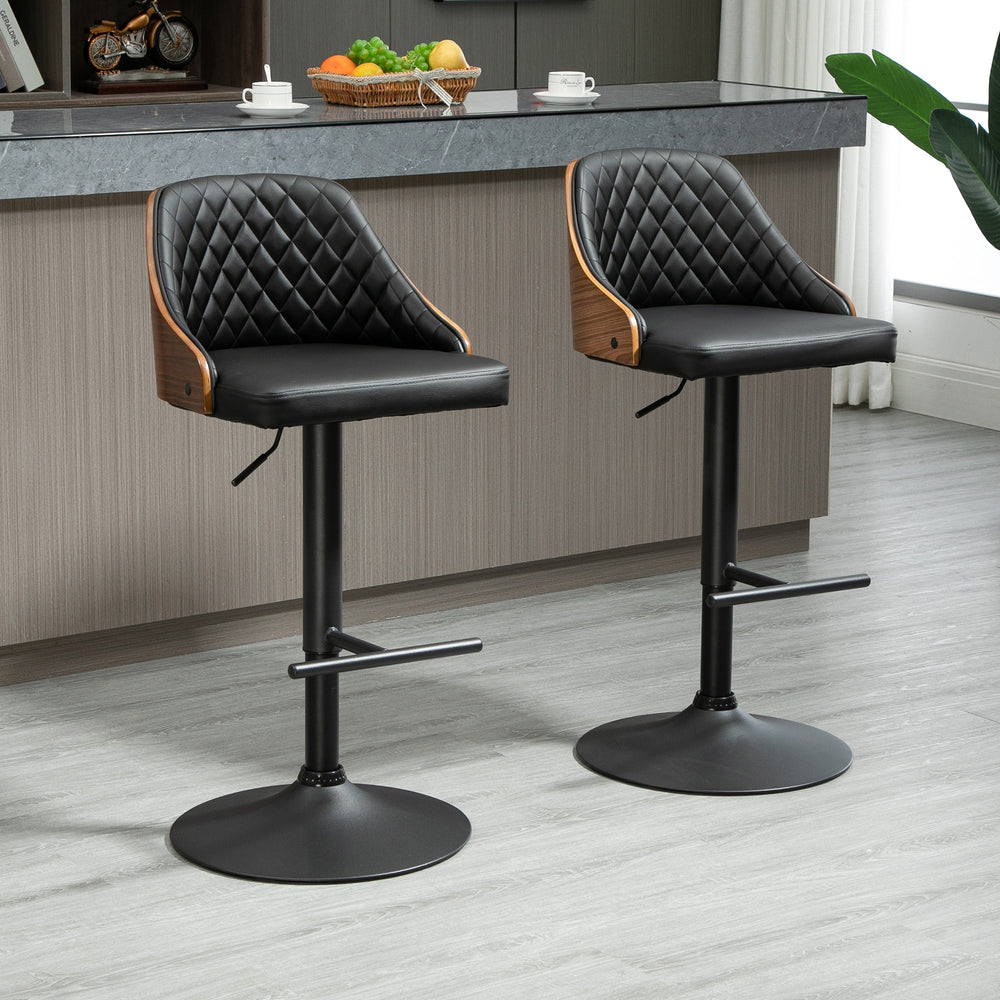 Set of 2 Modern Faux Leather Bar Stools, Swivel and Adjustable, Black