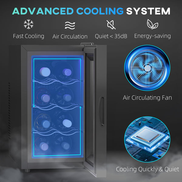 Quiet 8-bottle wine refrigerator with glass door and temperature control