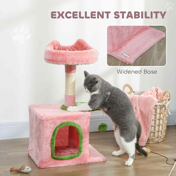 71cm Cat Tree with Soft Bed, Comfortable Cave, Scratching Post and Hanging Ball, Pink and Green