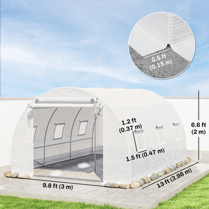 White heated tunnel greenhouse for plants with support bars