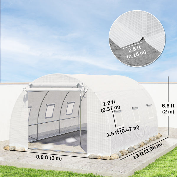 White heated tunnel greenhouse for plants with support bars