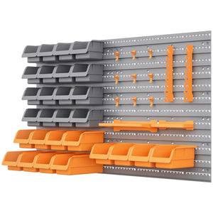 44-piece wall storage kit with storage bins, pegboard and hooks, plastic garage organizer, orange