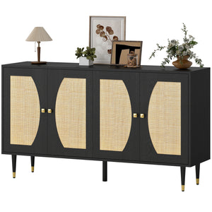 Bohemian storage sideboard with adjustable shelves, soft-close doors and rattan front, black