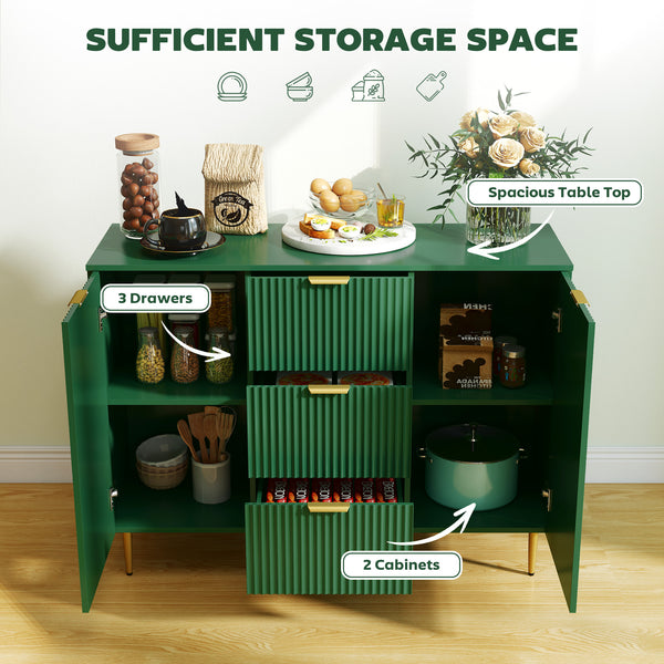 Modern kitchen storage cabinet with 3 drawers and adjustable shelves, green