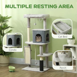 132cm Cat Tree with Scratching Posts, Basket, Kennel, Grooming Brush, Grey