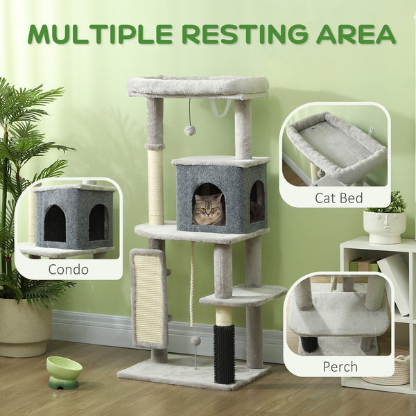 132cm Cat Tree with Scratching Posts, Basket, Kennel, Grooming Brush, Grey