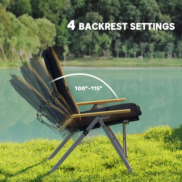 Set of 2 Camping Chairs with Padded Seat and Bag, High Back Outdoor Recliner, Black