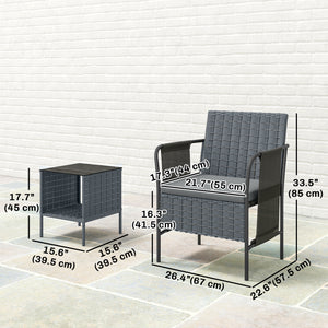 Ensemble de mobilier de jardin 3 pièces en résine tressée, poches latérales, assise en filet, table en verre à 2 niveaux, coussins, gris