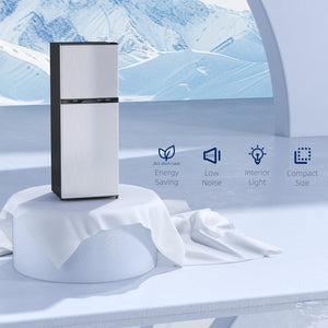 Double Door Mini Fridge with Freezer, 4.6 cu. ft., Thermostat, Shelves, Reversible Door, Silver