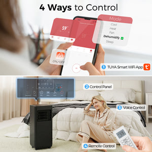4-in-1 Portable Air Conditioner, 8000 BTU with Cooling, Dehumidifying, Fan, Sleep Mode, Wi-Fi Voice Remote Control, Black