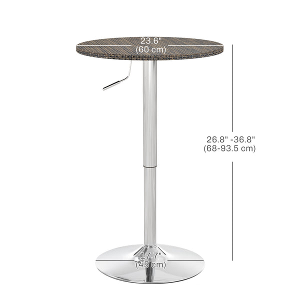 Adjustable bar table with synthetic rattan top and steel base, brown