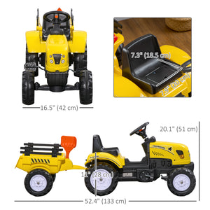 Ride-on excavator with rear trailer, shovel and rake