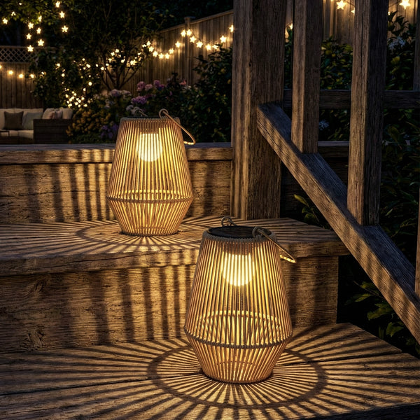 2-Pack Waterproof Solar Wicker Lanterns, Hanging Outdoor Lanterns with Auto On/Off and Handles, Brown