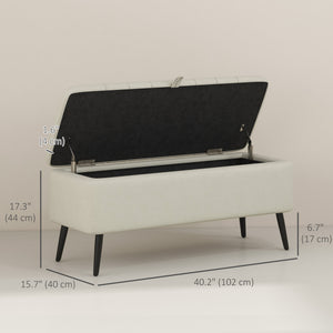 Linen Upholstered Storage Pouf with Steel Legs, Cream White