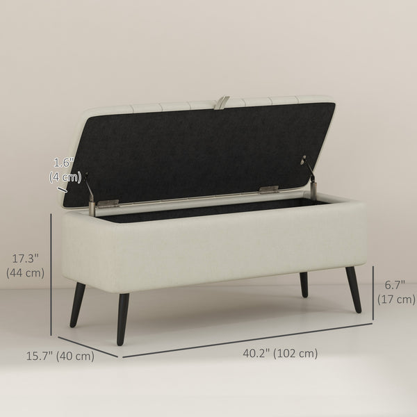 Linen Upholstered Storage Pouf with Steel Legs, Cream White