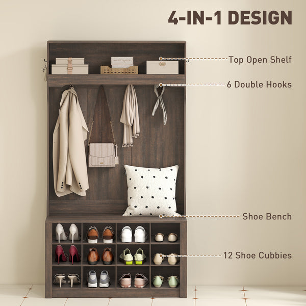 4-in-1 Hallway Unit with Bench and Shoe Rack, Dark Brown 