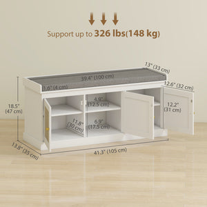 Entrance bench with woven rattan doors and cushion, white