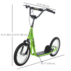 Scooter with 16-inch inflatable wheels and double brakes, green