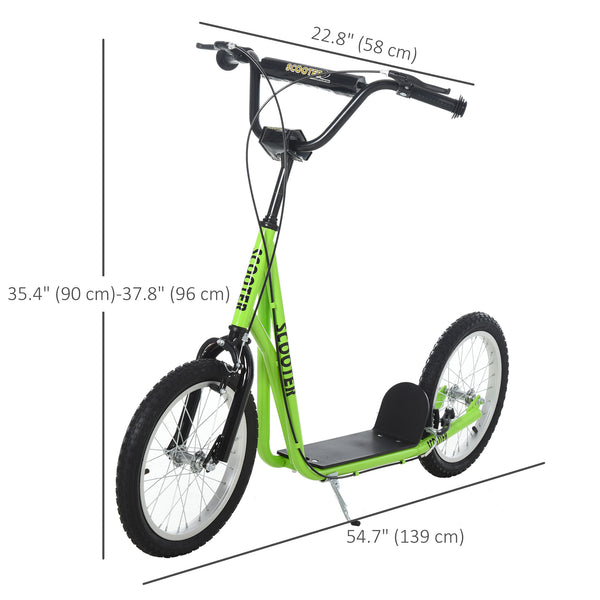 Scooter with 16-inch inflatable wheels and double brakes, green