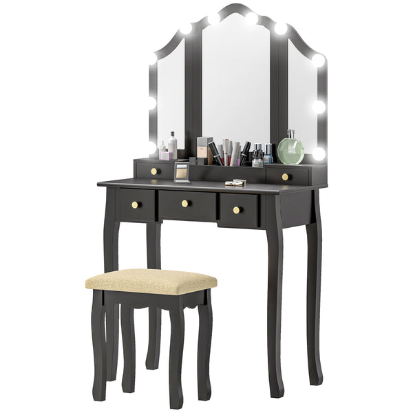 Dressing table with stool, 10 LED lights, 5 drawers and 3 compartments, black