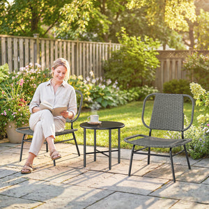 3-Piece Woven Resin Garden Furniture Set with Steel Table, Grey