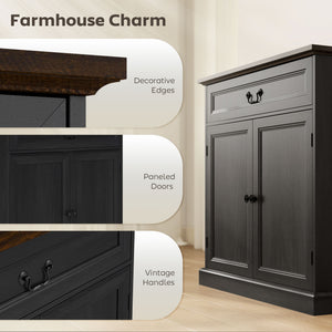 Farmhouse style buffet, thick top, silent drawer and adjustable shelf, black wood finish.