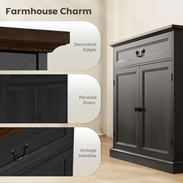 Farmhouse style buffet, thick top, silent drawer and adjustable shelf, black wood finish.