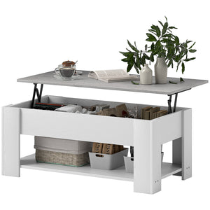 Lift-top coffee table with hidden compartment and open shelf, white