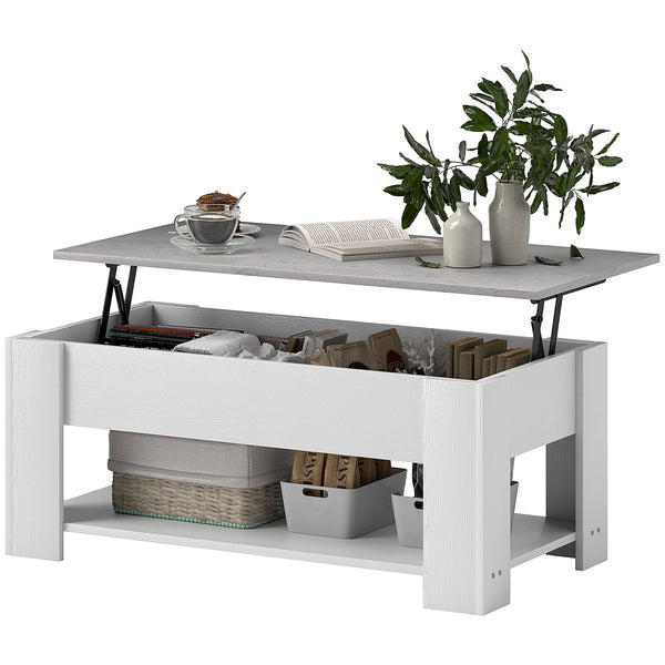 Lift-top coffee table with hidden compartment and open shelf, white