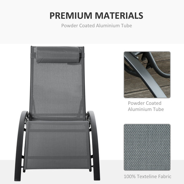 Patio Lounge Chair, Aluminum Reclining Outdoor Tanning Chair with 5-Level Adjustable Backrest, Head Pillow and Breathable Mesh Fabric, for Pool, Deck, Garden, Grey