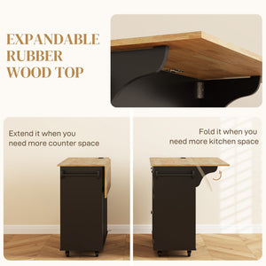 Kitchen island with power outlet and drop leaf, 2 drawers and adjustable shelves, black