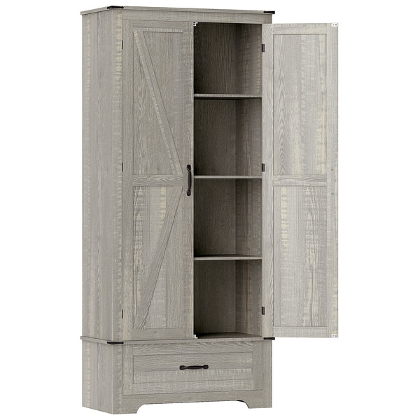 Country Style Kitchen Cabinet with Adjustable Shelves, 2 Door Kitchen Cabinet, Distressed Light Grey