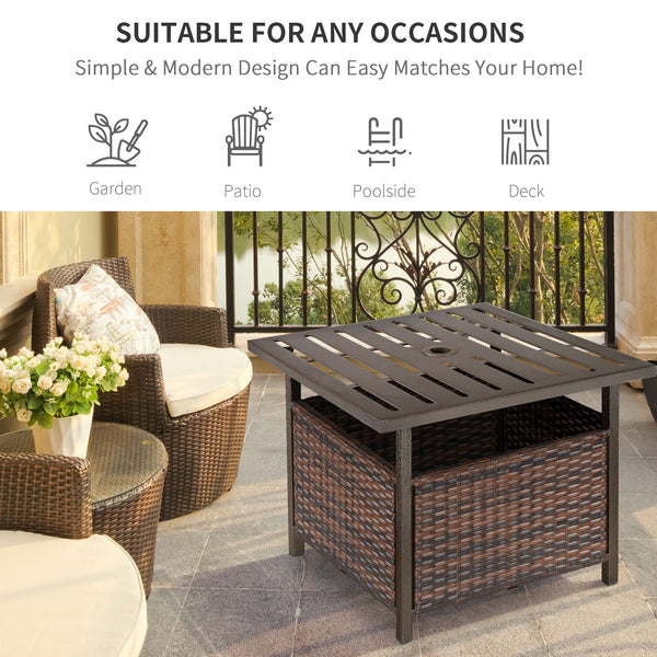 Outdoor patio coffee table in woven rattan with parasol hole, brown