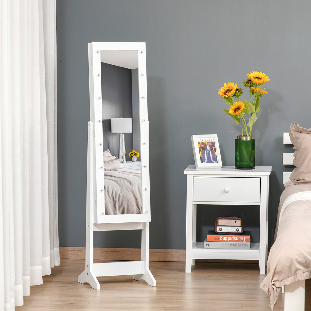 Freestanding jewelry cabinet with illuminated mirror, adjustable angle and 16 LEDs, warm white