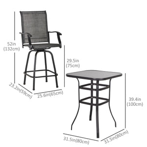 3-Piece Outdoor Bar Set, 2 Swivel Stools and 1 Bar Table, Gray