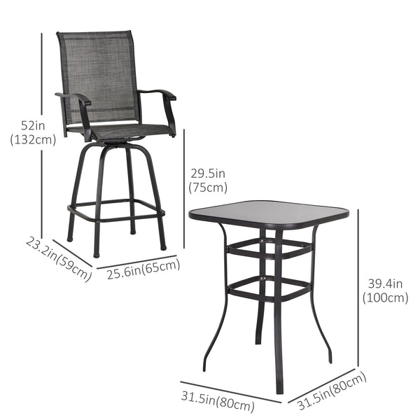 3-Piece Outdoor Bar Set, 2 Swivel Stools and 1 Bar Table, Gray