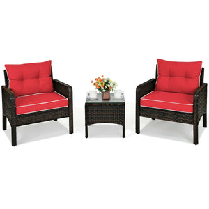 3-Piece Outdoor Patio Rattan Conversation Set with Seat Cushions - Red