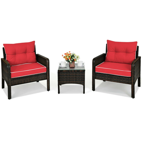 3-Piece Outdoor Patio Rattan Conversation Set with Seat Cushions - Red