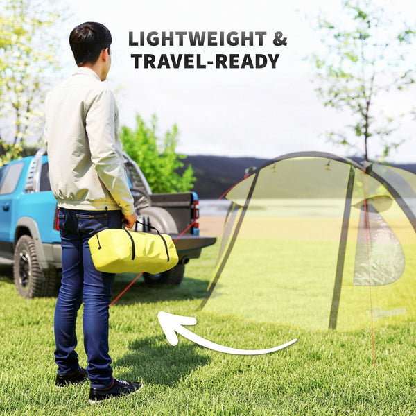 Camping tent with integrated awning and groundsheet