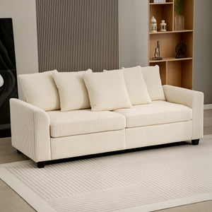 3-seater corduroy sofa with curved armrests and 8 removable cushions, beige