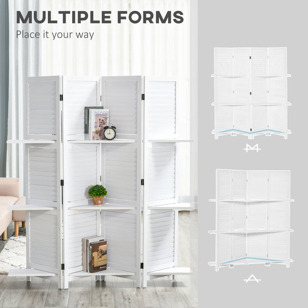 4-panel room divider with 3 storage shelves, white